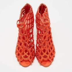 Pre Owned Sergio Rossi Orange Crystal Embellished Suede Cut Out Peep Toe Ankle Booties Size 37