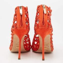 Pre Owned Sergio Rossi Orange Crystal Embellished Suede Cut Out Peep Toe Ankle Booties Size 37