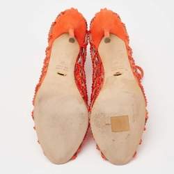 Pre Owned Sergio Rossi Orange Crystal Embellished Suede Cut Out Peep Toe Ankle Booties Size 37
