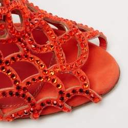 Pre Owned Sergio Rossi Orange Crystal Embellished Suede Cut Out Peep Toe Ankle Booties Size 37