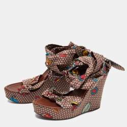 Pre Owned Sergio Rossi Multicolor Printed Satin Ankle-Wrap Wedge Platform Sandals Size 40