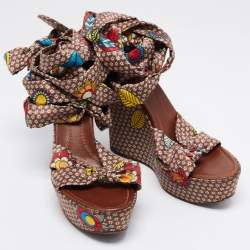 Pre Owned Sergio Rossi Multicolor Printed Satin Ankle-Wrap Wedge Platform Sandals Size 40