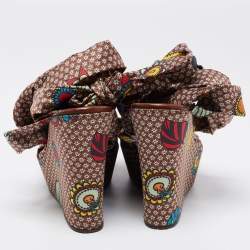 Pre Owned Sergio Rossi Multicolor Printed Satin Ankle-Wrap Wedge Platform Sandals Size 40
