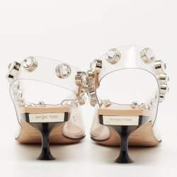 مملوكة مسبقًا صندل سيرجيو روسي مشمع بلاستيك بيج مزخرف كريستال مقدمة مدببة فتحة كعب مقاس 36