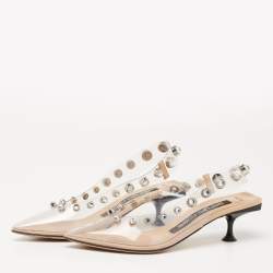 مملوكة مسبقًا صندل سيرجيو روسي مشمع بلاستيك بيج مزخرف كريستال مقدمة مدببة فتحة كعب مقاس 36