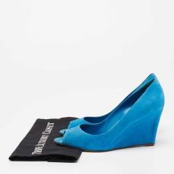 Sergio Rossi Blue Suede Peep Toe Wedge Pumps Size 40.5