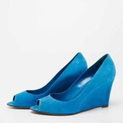 Sergio Rossi Blue Suede Peep Toe Wedge Pumps Size 40.5