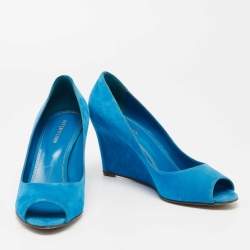Sergio Rossi Blue Suede Peep Toe Wedge Pumps Size 40.5