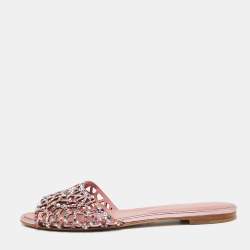 Pre Owned Sergio Rossi Pink Suede And Leather Tresor Crystal Embellished Flat Sandals Size 38