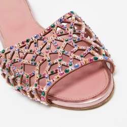 Pre Owned Sergio Rossi Pink Suede And Leather Tresor Crystal Embellished Flat Sandals Size 38