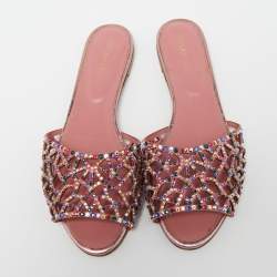 Pre Owned Sergio Rossi Pink Suede And Leather Tresor Crystal Embellished Flat Sandals Size 38
