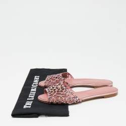 Pre Owned Sergio Rossi Pink Suede And Leather Tresor Crystal Embellished Flat Sandals Size 38