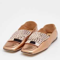Pre Owned Sergio Rossi Metallic Copper Leather Crystal Embellished Loafers Size 37.5