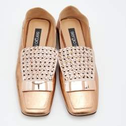 Pre Owned Sergio Rossi Metallic Copper Leather Crystal Embellished Loafers Size 37.5