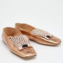 Pre Owned Sergio Rossi Metallic Copper Leather Crystal Embellished Loafers Size 37.5
