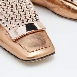 Pre Owned Sergio Rossi Metallic Copper Leather Crystal Embellished Loafers Size 37.5