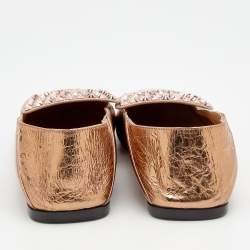 Pre Owned Sergio Rossi Metallic Copper Leather Crystal Embellished Loafers Size 37.5
