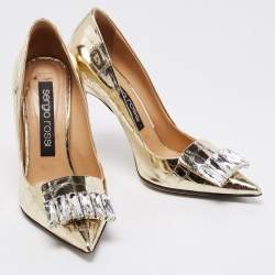 مملوكة مسبقًا Sergio Rossi Metallic Gold Croc Embossed Crystal Embellished SR1 Pointed Toe Pumps Size 40