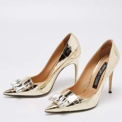 مملوكة مسبقًا Sergio Rossi Metallic Gold Croc Embossed Crystal Embellished SR1 Pointed Toe Pumps Size 40