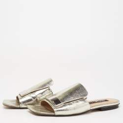 مملوكة مسبقًا صندل سلايد سيرجيو روسي فلات أس أر 1 جلد فضي ميتالك مقاس 38