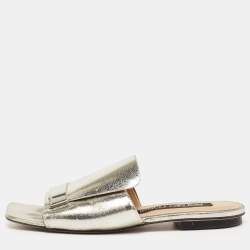 مملوكة مسبقًا صندل سلايد سيرجيو روسي فلات أس أر 1 جلد فضي ميتالك مقاس 38