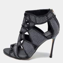 Sergio Rossi Black/White  Woven Straw And Leather Cutout Ankle Boots Size 36