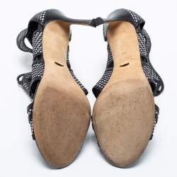 Sergio Rossi Black/White  Woven Straw And Leather Cutout Ankle Boots Size 36
