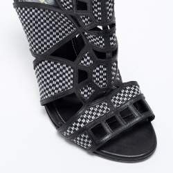 Sergio Rossi Black/White  Woven Straw And Leather Cutout Ankle Boots Size 36
