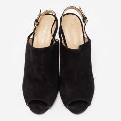 Pre Owned Sergio Rossi Black Suede Peep Toe Slingback Sandals Size 37.5