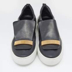 Pre Owned Sergio Rossi Black/Gold Leather Metal logo Plate Leather Addict Sneakers Size 41