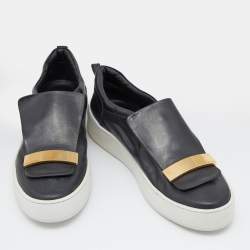 Pre Owned Sergio Rossi Black/Gold Leather Metal logo Plate Leather Addict Sneakers Size 41