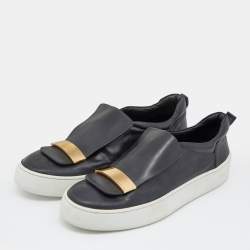 Pre Owned Sergio Rossi Black/Gold Leather Metal logo Plate Leather Addict Sneakers Size 41