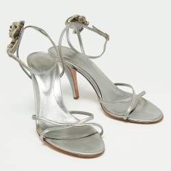 Pre Owned صندل سيرجيو روسي جلد فضي مزخرف كريستال بحزام للكاحل مقاس 38.5