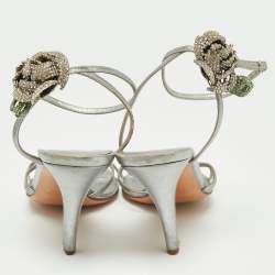 Pre Owned صندل سيرجيو روسي جلد فضي مزخرف كريستال بحزام للكاحل مقاس 38.5