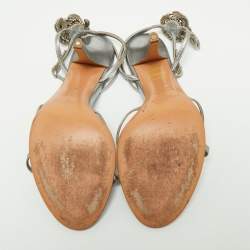 Pre Owned صندل سيرجيو روسي جلد فضي مزخرف كريستال بحزام للكاحل مقاس 38.5