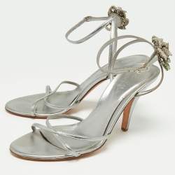 Pre Owned صندل سيرجيو روسي جلد فضي مزخرف كريستال بحزام للكاحل مقاس 38.5