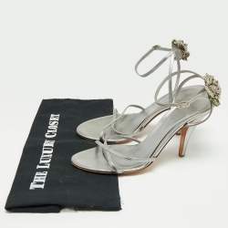 Pre Owned صندل سيرجيو روسي جلد فضي مزخرف كريستال بحزام للكاحل مقاس 38.5