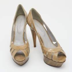 مملوكة مسبقًا Sergio Rossi Olive Green Eel Leather Cutout Peep Toe Platform Pumps Size 37