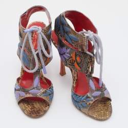 Sergio Rossi Multicolor Embroidered Python Ankle Tie Up Sandals Size 40