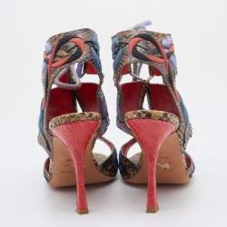 Sergio Rossi Multicolor Embroidered Python Ankle Tie Up Sandals Size 40