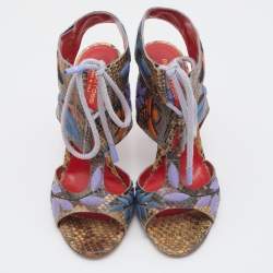 Sergio Rossi Multicolor Embroidered Python Ankle Tie Up Sandals Size 40