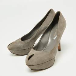 Sergio Rossi Grey Suede Peep Toe Platform Pumps Size 38.5