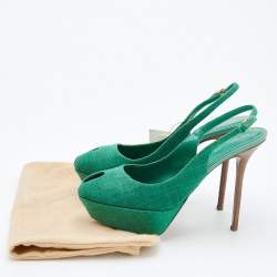 Sergio Rossi Green Canvas Platform Peep Toe Ankle Strap Sandals Size 40