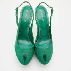 Sergio Rossi Green Canvas Platform Peep Toe Ankle Strap Sandals Size 40