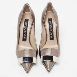 Pre Owned حذاء كعب عالي سيرجيو روسي جلد رصاصي ميتاليك مزين لوحة شعار الماركة مقدمة مدببة مقاس 36