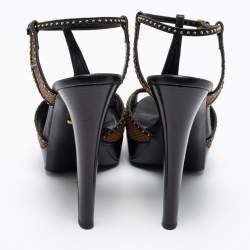 Pre Owned صندل سيرجيو روسي جلد أسود/بني مرصع نعل سميك بحزام للكاحل مقاس 41