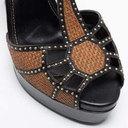 Pre Owned صندل سيرجيو روسي جلد أسود/بني مرصع نعل سميك بحزام للكاحل مقاس 41