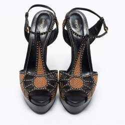 Pre Owned صندل سيرجيو روسي جلد أسود/بني مرصع نعل سميك بحزام للكاحل مقاس 41