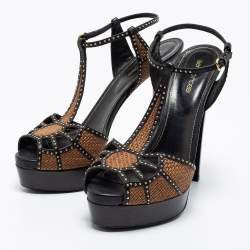 Pre Owned صندل سيرجيو روسي جلد أسود/بني مرصع نعل سميك بحزام للكاحل مقاس 41