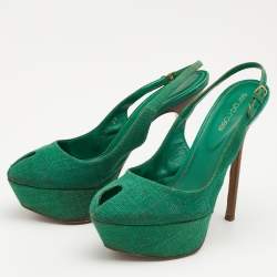 Sergio Rossi Green Canvas Cachet Peep Toe Platform Slingback Sandals Size 37